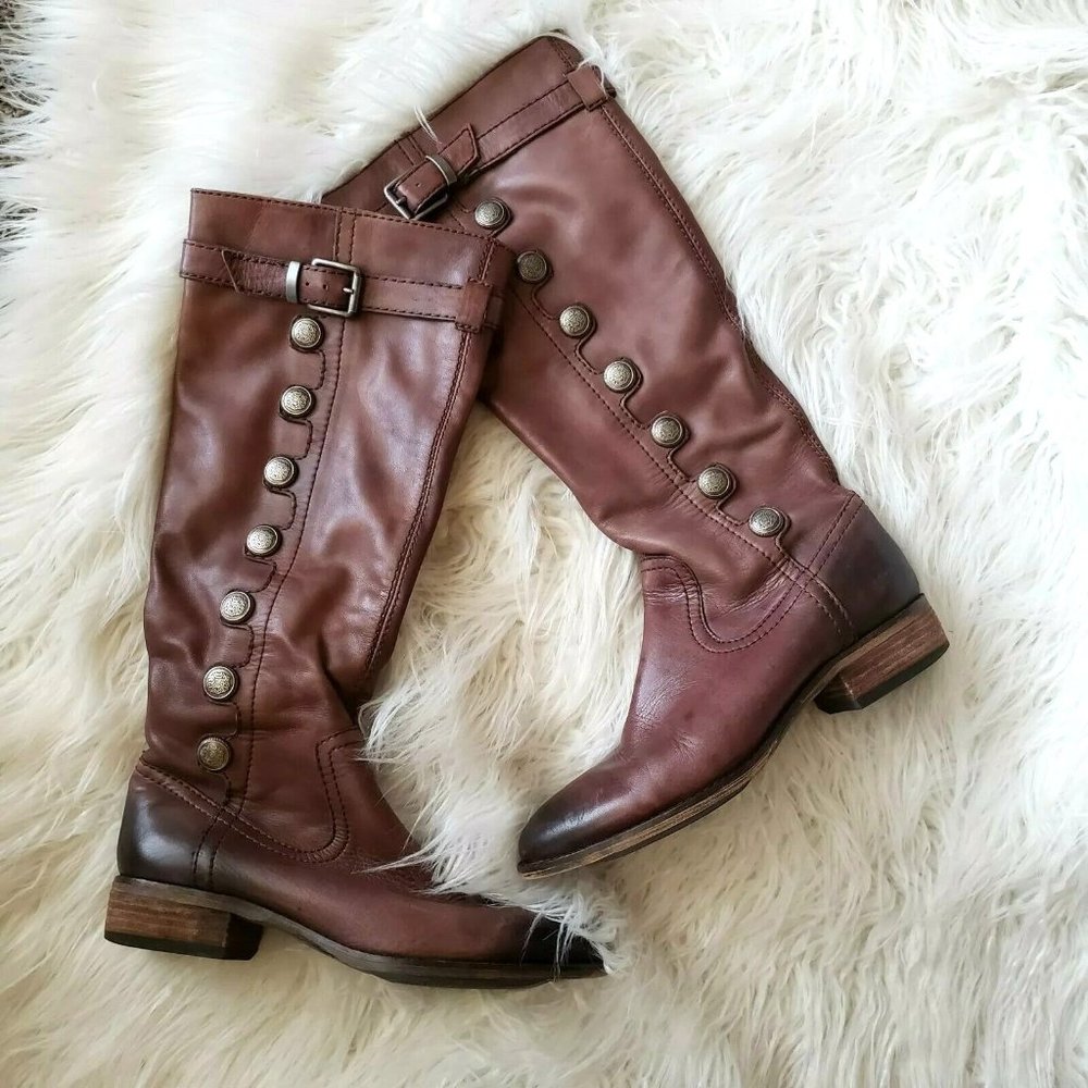 Arturo Chiang Women Riding Boot Knee High Buckle Strap Button Side Zip Brown 6.5